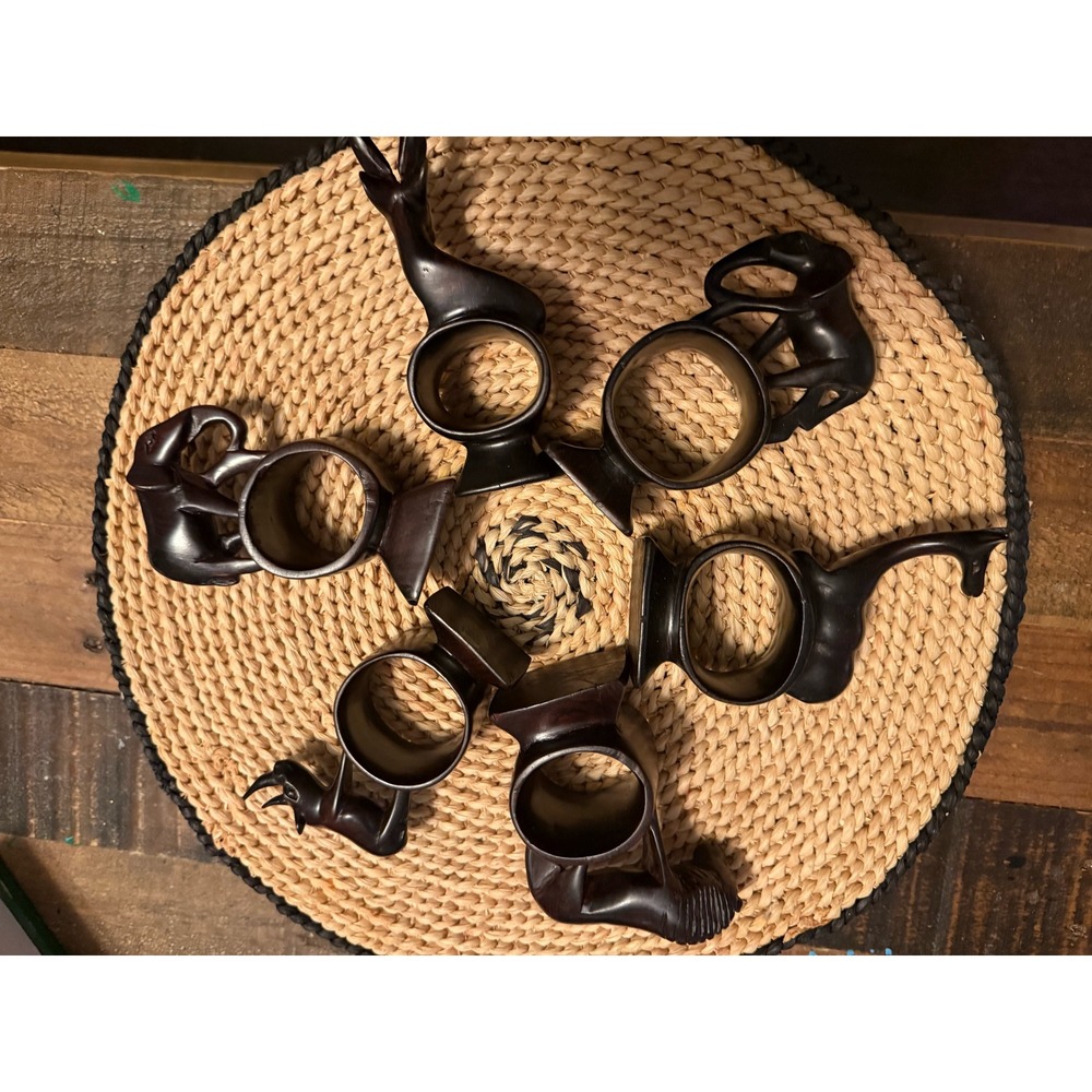 Vintage Hand Carved Wood African Safari Animal Napkin Rings Set of 6 Dark Brown